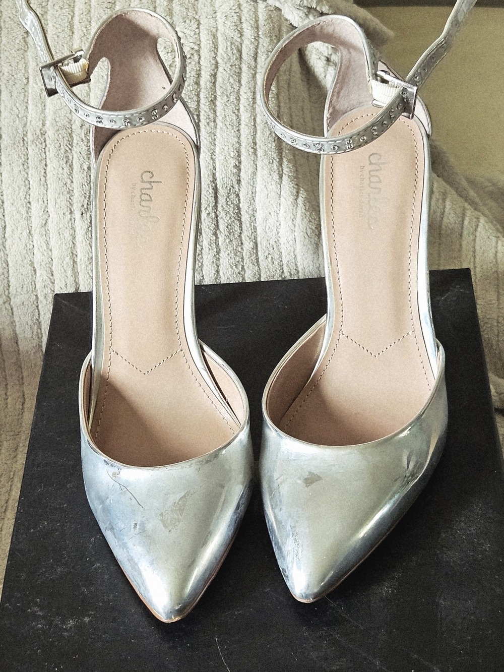 Chocolat Blu Metallic Silver Pointed-Toe Ankle-Strap Heels